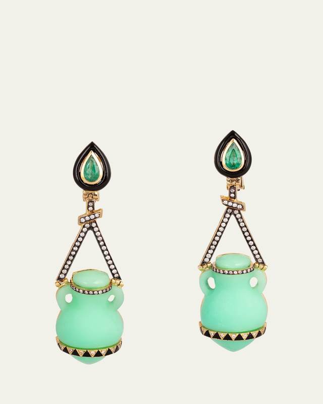 18K Yellow Gold Amphora Chrysoprase Earrings with Black Enamel, Diamonds and Emeralds